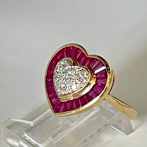 Vintage Ruby Baguette With Diamond Pave' Heart Ring 14K Gold