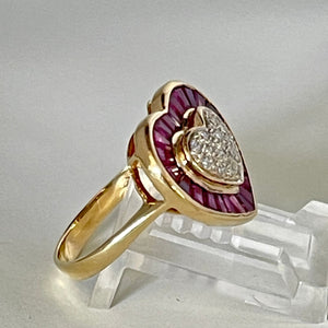 Vintage Ruby Baguette With Diamond Pave' Heart Ring 14K Gold