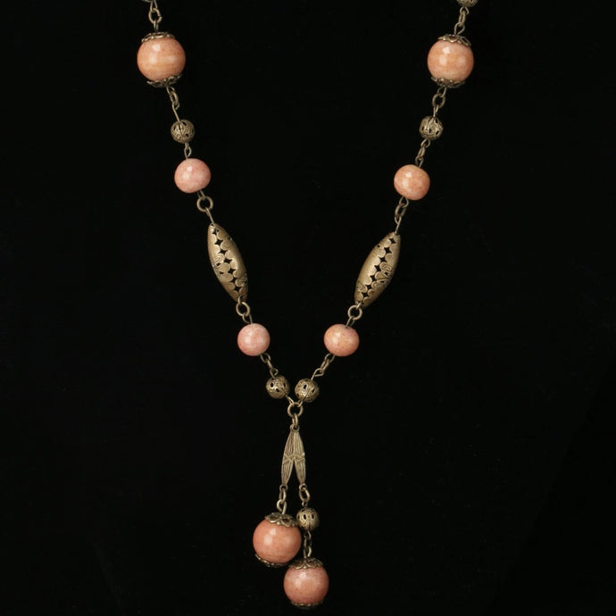 Art Deco Pierced Brass and Glass Bead Necklace